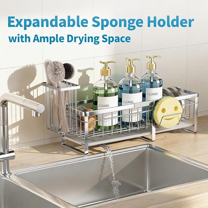 Aurblozen Extra Large Extendable Sponge Holder for Kitchen Sink, Rustproof Sink Caddy Organizer with High Brush Holder, Dish Soap Dispenser Organizers and Storage (Stainless Steel) - Image 5