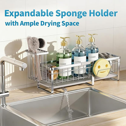 Aurblozen Extra Large Extendable Sponge Holder for Kitchen Sink, Rustproof Sink Caddy Organizer with High Brush Holder, Dish Soap Dispenser Organizers and Storage (Stainless Steel) - Image 5