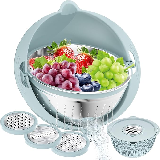4 in 1 Colander with Mixing Bowl Set, Colander for Kitchen, Strainers and Colanders, Pasta Strainer, Fruit Cleaner, Veggie Wash, Aesthetic Kitchen Essentials - Blue by STOCKPOT