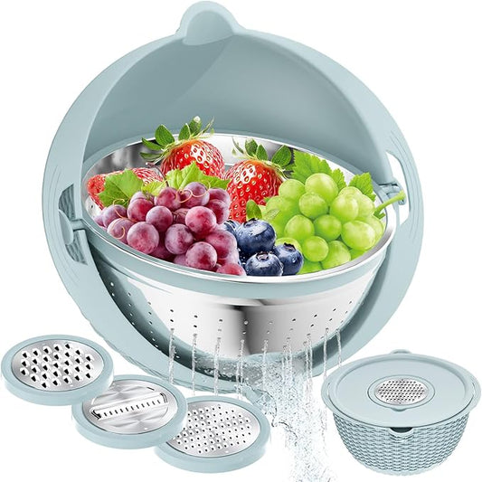4 in 1 Colander with Mixing Bowl Set, Colander for Kitchen, Strainers and Colanders, Pasta Strainer, Fruit Cleaner, Veggie Wash, Aesthetic Kitchen Essentials - Blue by STOCKPOT