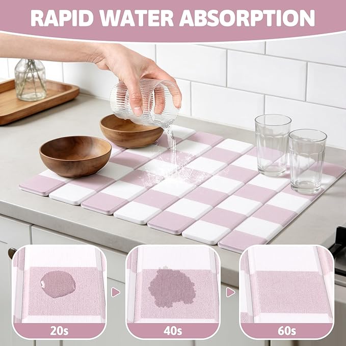 Yamaziot Stone Drying Mat for Kitchen Counter, 16"x12" Small Foldable Ultra Absorbent Stone Drying Mat, Quick-Dry Diatomaceous Earth Mat, Non-Slip Heat Resistant Mat for Dishes, Cups, Bottles, Pink
