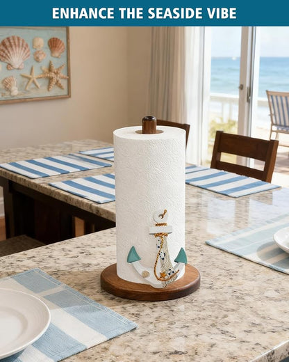 Ship's Anchor Paper Towel Holder, Nautical Coastal Beach Ocean Decor for Kitchen Bathroom Countertop, Freestanding Wooden Stand, Standard & Jumbo Rolls, Gift for Women