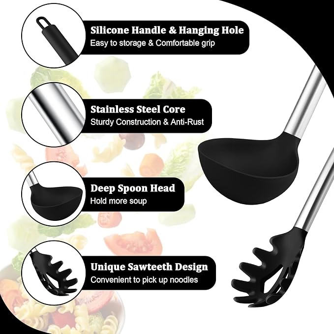 TeamFar Silicone Pasta Fork and Ladle Spoon Set, 2 Pcs Large Nonstick Kitchen Utensils with Stainless Steel Handle for Cooking, Draining, Serving Soup, Sauce, Spaghetti, Healthy & Heat-Proof, Black - Image 3