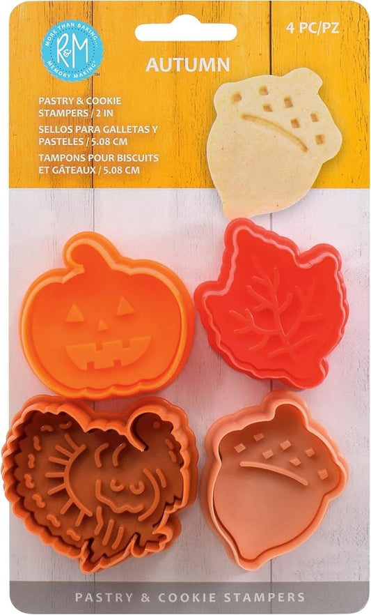 R&M Autumn Theme Pastry & Cookie Stamper set of 4. Assorted Designs & Colors, Turkey, Acorn, Pumpkin, Oak leaf. 2 Inch Assorted Color Cookie Cutters
