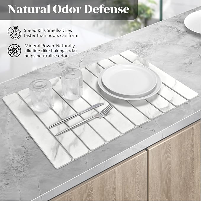 Stone Dish Drying Mats for Kitchen Counter, 24"(L)×16"(W) Marble-Pattern, Collapsible Quick Drying Dish Mats, Ultra Absorbent Diatomaceous Earth Mats for Dishes , Match Any Countertop - Image 3