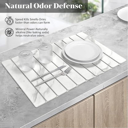 Large Stone Dish Drying Mats for Kitchen Counter, 24"(L)×16"(W) Marble-Pattern, Fast Drying Collapsible Dish Drying Mat, Eco-Friendly Absorbent Diatomaceous Earth Mats for Tableware, Match Countertop - Image 3