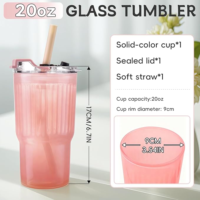 Iced Coffee Cups with Lids: Coffee Bar Accessories - Ribbed Glass Tumbler with Silicone Straw and Lid - 20oz Leak Proof Reusable Glass Cups and Tumblers with Lid and Silicone Straws(1Pcs-Pink) - Image 2