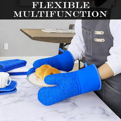 Oven Mitts and Pot Holders Sets 6pcs, Kitchen Oven Glove,High Heat Resistant 550 Degree Extra Long Oven Mitts and Potholders with Non-Slip Silicone Surface for Home Essentials (Grey) (Navy Blue) - Image 5