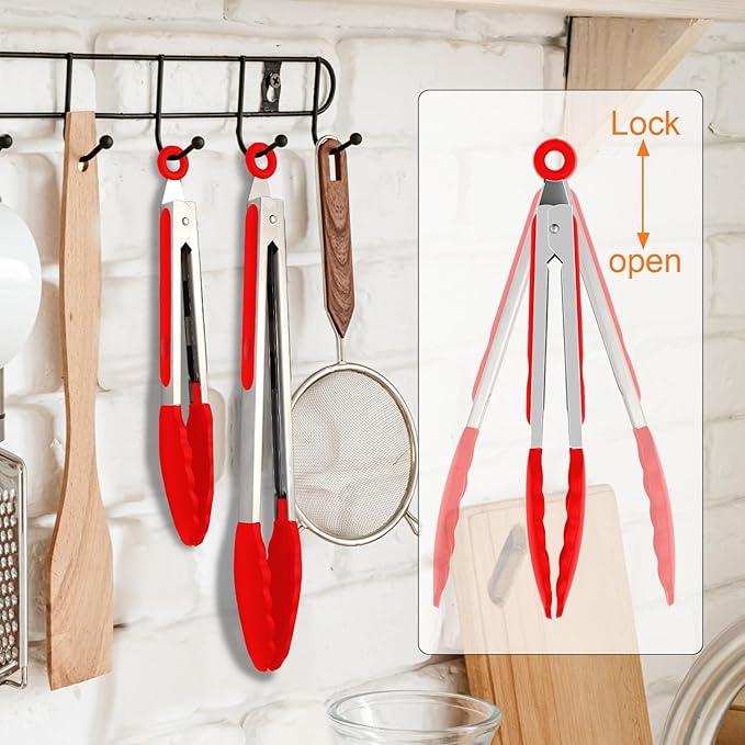 Premium Stainless Steel Heat Resistant Kitchen Tongs for cooking,set of 9" and 12" (Red),Non Scratch Silicone cooking Tong Tip for Cooking Pans,Strong Grip BBQ tongs for Grabbing Hot Food - Image 7