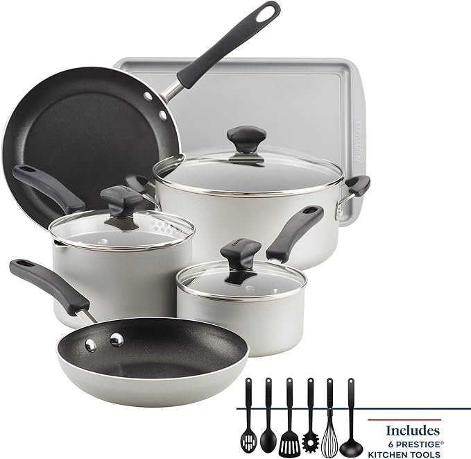 Farberware Cookstart DiamondMax Nonstick Cookware/Pots and Pans Set, Dishwasher Safe, Includes Baking Pan and Cooking Tools, 15 Piece - Silver - Image 3