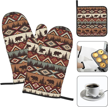 Vintage Rustic Oven Mitts and Pot Holders Sets of 3 Heat Resistant Hot Pads Bear Mountain Oven Gloves for Kitchen Cooking BBQ Baking - Image 3