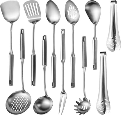 304 Stainlss Steel Kitchen Utensils Set, 11 Pcs Long Metal Cooking Utensil Gadgets Tools Set with Spatula, Ladle, Spoon, Ladle, Skimmer, Tunner, Pasta Server, Tongs(Silver, Dishwasher Safe) by Lazycorner