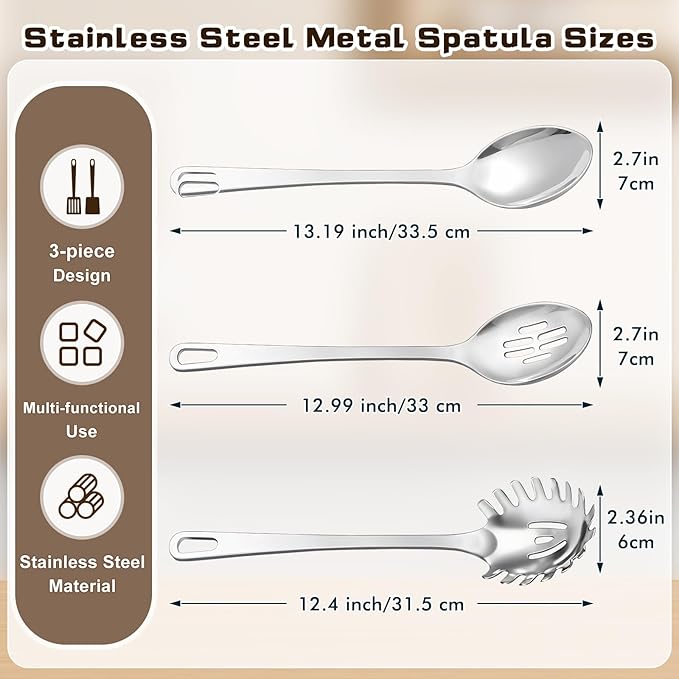 3 Pcs Stainless Steel Cooking Utensils Set, Heat Resistant Kitchen Utensils, Metal Kitchen Tools Include Solid & Slotted Spoon, Pasta Server, Ergonomic Handle, Dishwasher Safe, Easy to Clean, Silver - Image 7