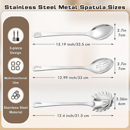 3 Pcs Stainless Steel Cooking Utensils Set, Heat Resistant Kitchen Utensils, Metal Kitchen Tools Include Solid & Slotted Spoon, Pasta Server, Ergonomic Handle, Dishwasher Safe, Easy to Clean, Silver - Image 7