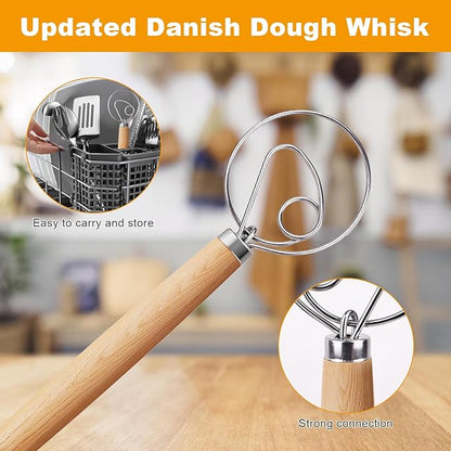 Aqdocvf 2-Pack Danish Dough Whisk, 13-Inch Dutch Whisk with Stainless Steel Ring, Dutch Bread Whisks for Sourdough, Pizza, Pastry, and Cookies, Essential Kitchen Cooking Safe Mixing Tool