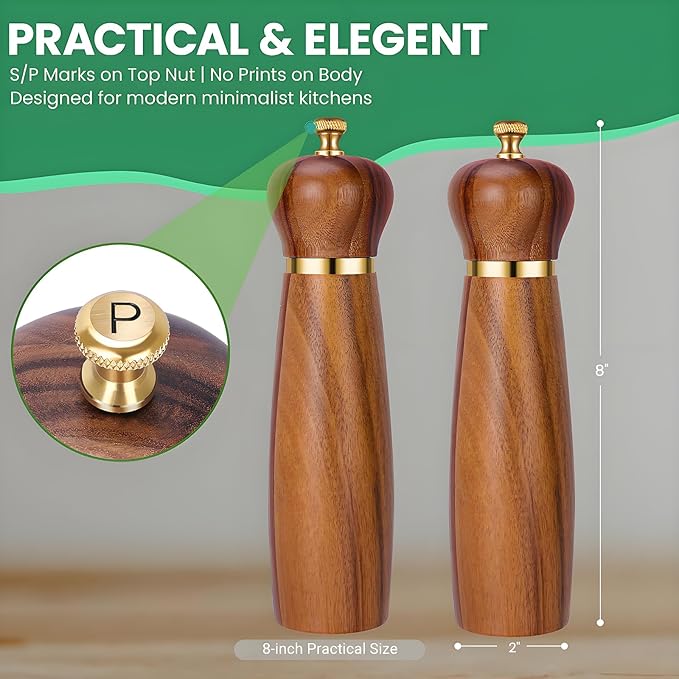 Acacia Wood Salt and Pepper Grinder Set, 8-Inch Manual Pepper Mill Grinder with Adjustable Coarseness, 2 Pack Wooden Salt and Pepper Shakers Set