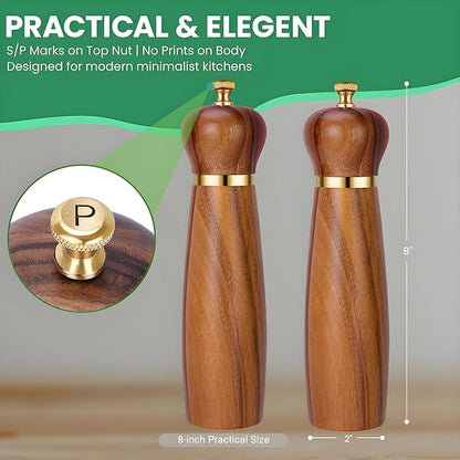 Acacia Wood Salt and Pepper Grinder Set with Base, 8-Inch Manual Pepper Mill Grinder with Adjustable Coarseness, 2 Pack Wooden Salt and Pepper Shakers Set
