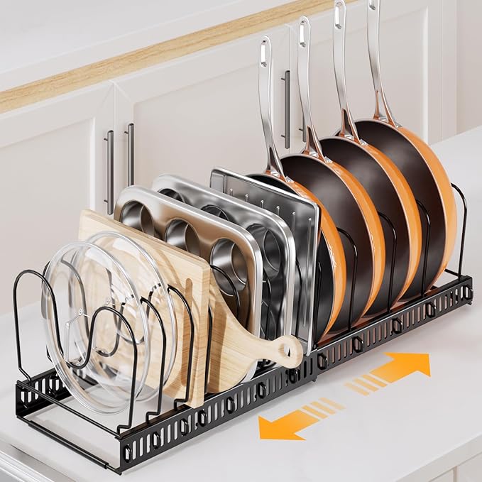 ORDORA Pots and Pans Organizer under Cabinet with Pot Lid Organizer, Expandable Rack for Pan and Pot Organizers Inside Cabinet, 11.8"-22.8" Adjustable with 12 Dividers for Kitchen Organization, Black - Image 2