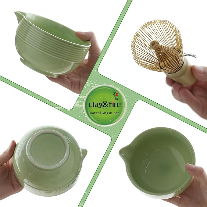 Clay&Fire Matcha Whisk Set, Ceramic Matcha Set, Matcha Bowl with Spout and Whisk, 9 pcs Matcha Tea Kit for Matcha Lovers, Ideal Gift Christmas, Birthday (Green) - Image 5