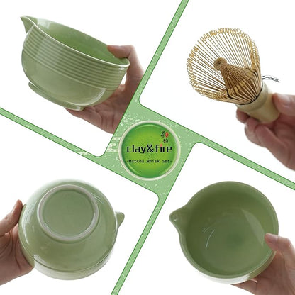 Clay&Fire Matcha Whisk Set, Ceramic Matcha Set, Matcha Bowl with Spout and Whisk, 9 pcs Matcha Tea Kit for Matcha Lovers, Ideal Gift Christmas, Birthday (Green) - Image 5