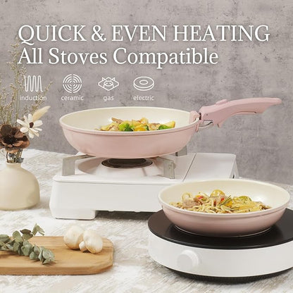 Ceramic Cookware Set Non Stick 8Pcs Pots and Pans Set Removable Handle Induction Kitchen Cookware Set with Frying Pans Oven Safe, Light Pink - Image 5