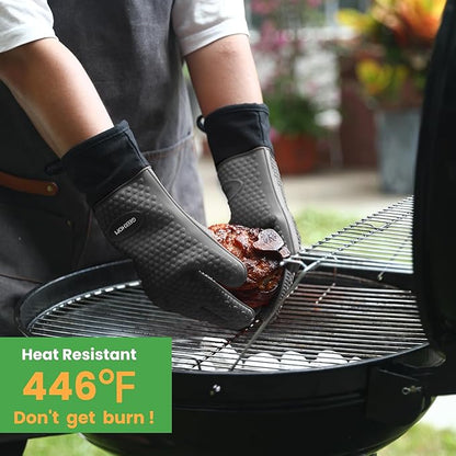 GEEKHOM BBQ Gloves Heat Resistant Oven Mitts - Silicone Grilling Gloves with 13.7" Arm Protection - Waterproof Pot Holder Non-Slip for Men & Women, Kitchen Outdoor Cooking, Baking, Camping, Gray