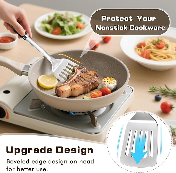 4 Pcs Cooking Utensils Set, Stainless Steel Kitchen Utensils, Heat Resistant Metal Kitchen Tools Include Solid & Slotted Turner Wok Spatula, Serving Spoon, Ergonomic Handle, Easy to Clean, Silver - Image 5