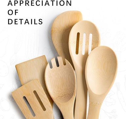 Wooden Spoons for Cooking, 6PCS Wooden Utensil Set Includes Slotted Spoon, Wooden Spoon & Wooden Spatula, Bamboo Cooking Utensils for Non-Stick Pans, Natural Bamboo Utensils - Image 4