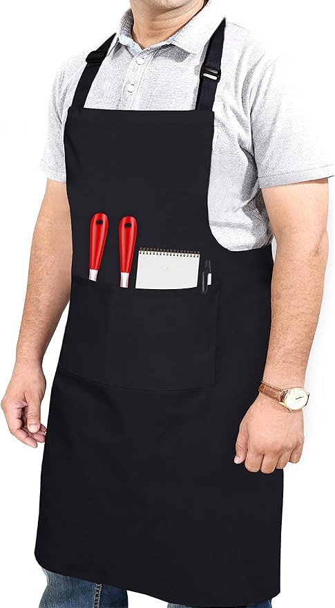 RUVANTI Work Aprons for Men/Women with Pockets - Adjustable up to XXL - Professional Grade Durability - Black Apron for Barber, Chef, BBQ, Kitchen, Cleaning - 1 Pack