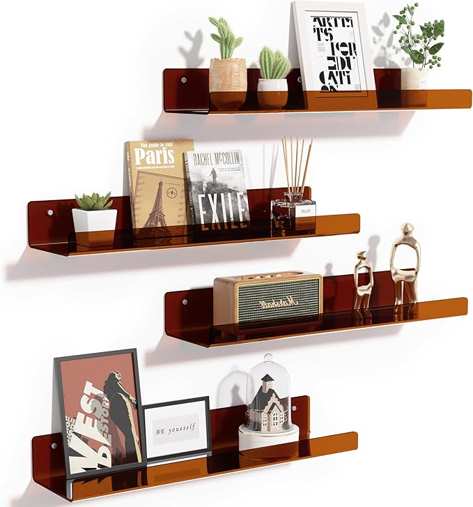 upsimples Acrylic Shelves for Wall Decor, 15" Display Shelf Perfume Organizer for Bathroom, Bedroom, Living Room, Floating Bookshelves for Kids, Clear Brown, 4 Pack - Image 4