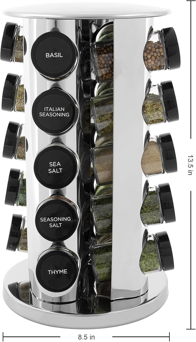 Kamenstein Revolving Countertop Spice Rack with Spices Included, FREE Spice Refills for 5 Years, Polished Stainless Steel with Black Caps, 30020, 20 Jar (Pack of 3) - Image 3