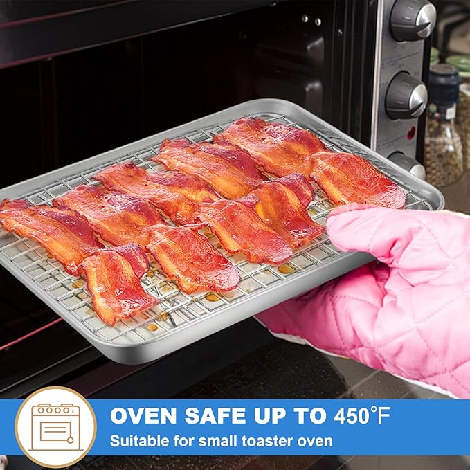 P&P CHEF 12.5 + 9 Inch Toaster Oven Pan with Rack Set, Stainless Steel Baking Pan Tray and Grid Cooling Rack for Cooking/Roasting, Dishwasher Safe & Easy to Clean, Non-toxic & Sturdy, (4Pcs)