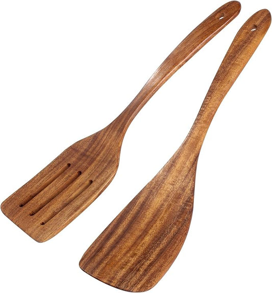 2 Pack Wooden Spatula, Acacia Wood Long Handle Flat Frying Turner, Handmade wooden spoons for cooking, Kitchen Utensil set, Non-Stick Cooking Spurtle Utensils for kitchen use by FunCee