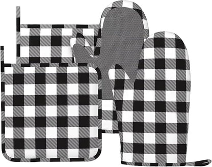 Buffalo Plaid Black and White Oven Mitts and Pot Holders Set, 4pcs Silicone Black White Plaid Oven Glove for Kitchen Heat Resistant Oven Mitts and Potholders Non-Slip for Cooking