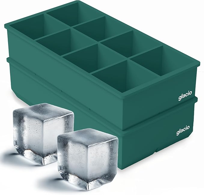 Ice Cube Molds – 2-Pack Silicone Trays for 8 Large Square Cubes – Slow-Melt Ice for Whiskey, Cocktails, Coffee & More by glacio