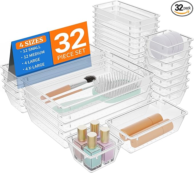 StorMiracle 32 PCS Clear Plastic Drawer Organizer Set, 4-Size vanity organizer Trays and Storage Bins for Makeup, Jewelry and Gadgets in Bedroom, Bathroom and Office, Clear by StorMiracle