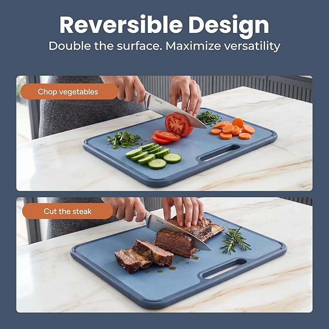 SMIRLY Plastic Cutting Board Set with Holder, Non-Slip Chopping Boards for Kitchen, Dishwasher Safe, Essential Kitchen Gadgets, 3 Pack, Blue