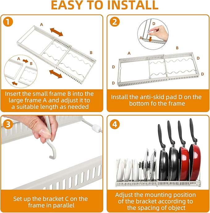 ROOHUA Pot Rack - Expandable Pot & Pan Organizer for Cabinet, 10 Adjustable Compartments (Apricot, 10) - Image 7