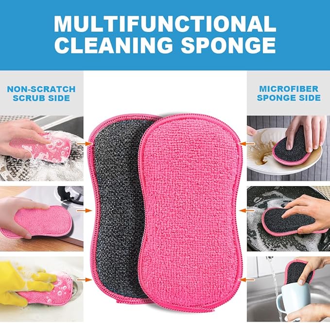 HOMEXCEL 12 Pack Multi-Purpose Scrub Sponges Kitchen Dish Sponge Non-Scratch Microfiber Sponge for Efficiently Cleaning Dishes Pots Pans Pink - Image 4