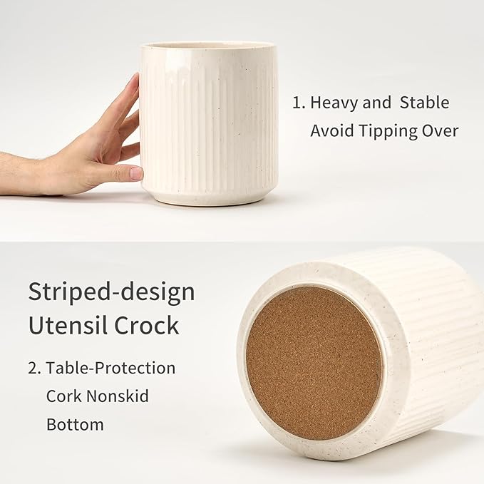 JIEMEI HOME Kitchen Utensil Holder, 7.2" Large Ceramic Stable Utensil Crock for Countertop, Utensil Organizer with Cork Mat, Removable Bamboo Divider for Easy, Kitchen Decor, Aged Ivory Speckle - Image 4