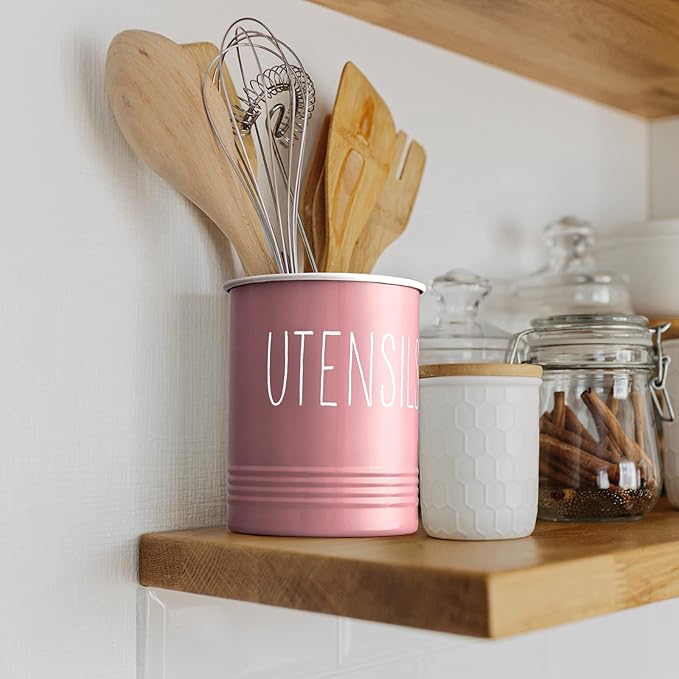 Bivvclaz Kitchen Utensil Holder - 6.7" Utensil Holder for Kitchen Counter - Cooking Utensil Crock with Cork Bottom - Pink Decor and Accessories - Utensil Storage Caddy Organizer - Image 6