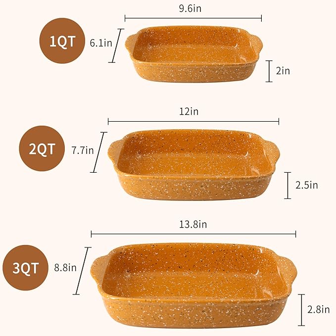 Ceramic Baking Dish Set of 3, Casserole for Oven,Rectangular Bakeware Dishes with Handles,Lasagna Pan Deep,Handcraft Speckle Stoneware Series (13.8''/12''/9.6''Orange) - Image 2