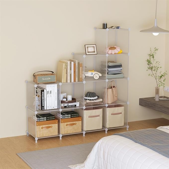 AWTATOS Cube Storage Organizer, Closet Organizers and Storage, 12 Cube Shelves Bookshelf, DIY Stackable Plastic Clothes Organizer Shelving for Bedroom, Home, Transparent Twill - Image 4