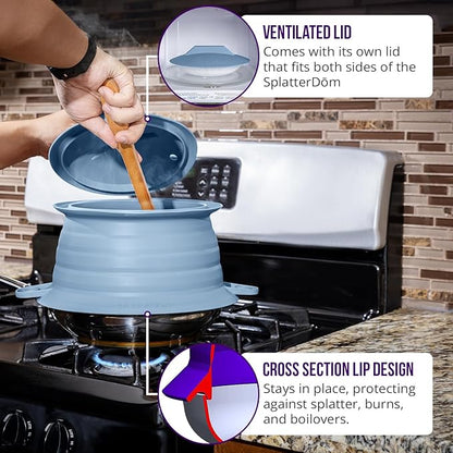 L.I.Q Silicone Splatter Guard – Fits 10 and 12 Inch Pots (25 and 30 Centimeters) – Microwave Safe and Durable SplatterDom - Includes 10” Lid - Food and Oil Splash Guard (Blue Steel, Large)