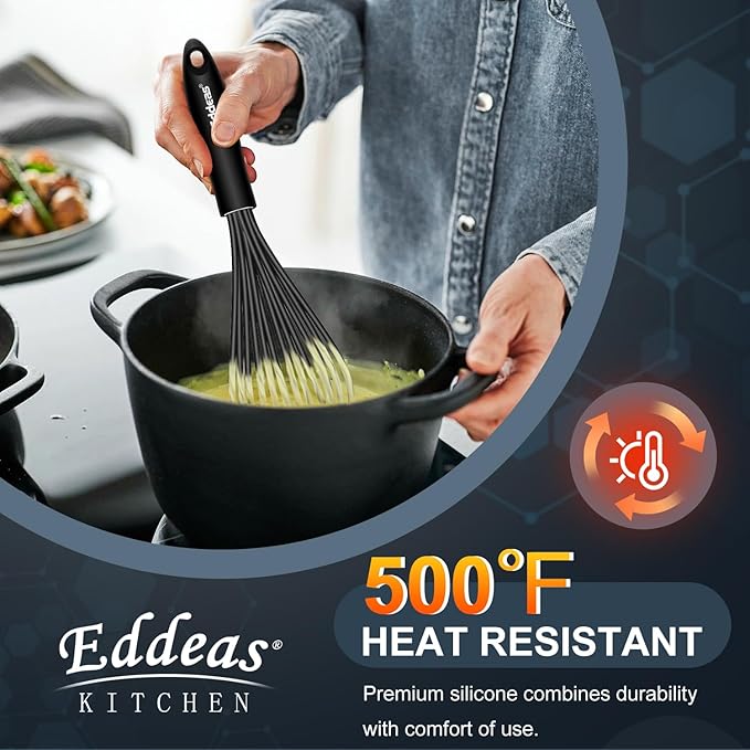Eddeas Silicone Whisk - Non Scratch Whisks for Cooking, 500°F Heat Resistant Siliocne Wisk tool, Heavy Duty Kitchen Whisks, for Blending, Beating, set of 4 (5+7+9+11 inch) Black - Image 3