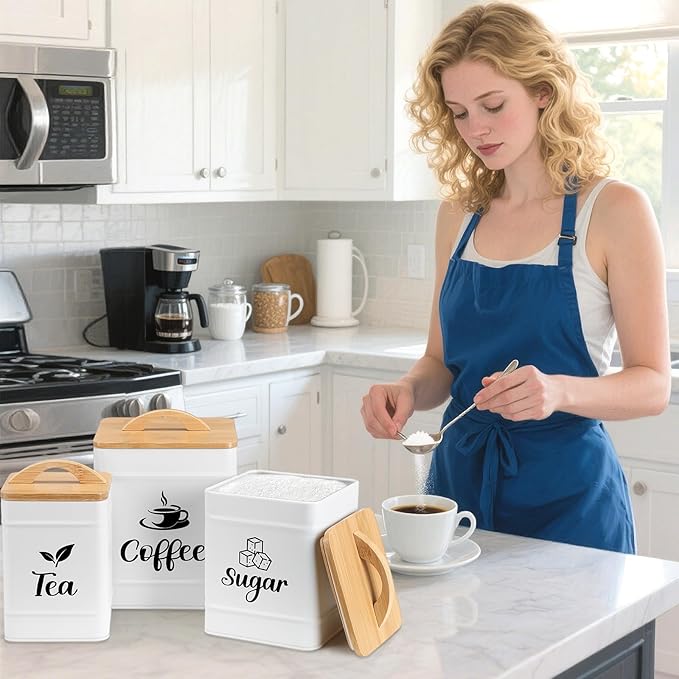 Maxdot 3 Set Coffee Sugar Tea Containers, Square Airtight Kitchen Canisters Storage Ground Organization with Bamboo Lids Rustic Metal Jars for Coffee Bar Beans, Tea Leaves, Food, Countertop(Cream) - Image 5