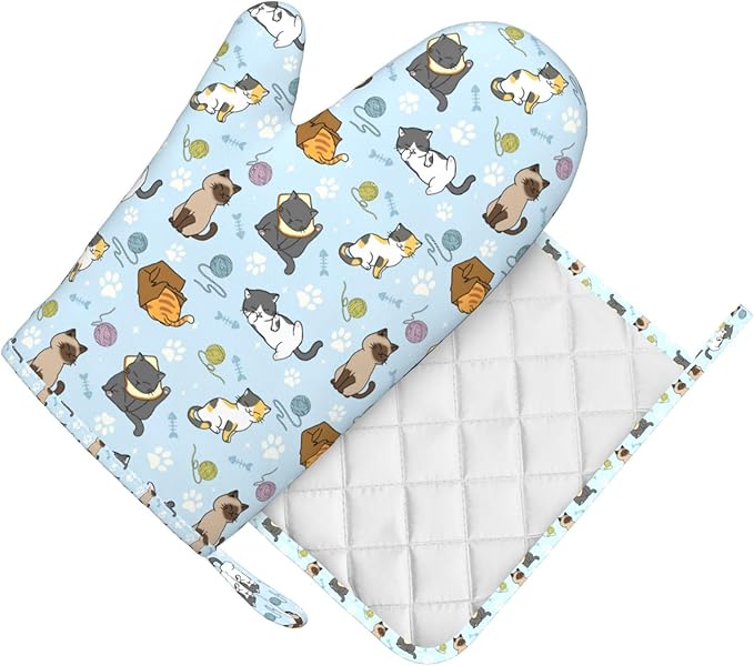 Cute Cat Oven Mitts and Pot Holders Set - Heat Resistant & Non-Slip Silicone Kitchen Gloves for Cooking, Baking, Grilling, BBQ - Fun Kitchen Accessories