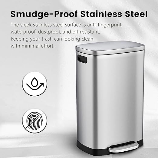 ELPHECO Kitchen Trash Can with Lid Soft Close,13 Gallon / 50L Stainless Steel Pedal Garbage Can, Heavy-Duty Fingerprint Proof Step Wastebasket with 20 Bags, Removable Bucket, Home Office, Silver - Image 6