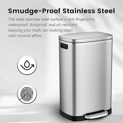 ELPHECO Kitchen Trash Can with Lid Soft Close,13 Gallon / 50L Stainless Steel Pedal Garbage Can, Heavy-Duty Fingerprint Proof Step Wastebasket with 20 Bags, Removable Bucket, Home Office, Silver - Image 6