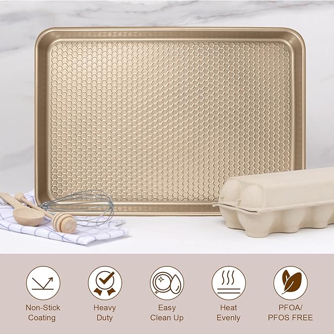 Wildone Baking Sheet Pan Set, Honeycomb Embossed Nonstick Baking Sheet 15x10 In, Thicker Carbon Steel Cookie Sheet, Even Heating Jelly Roll Pan, Champagne Gold, 2 Pack - Image 7